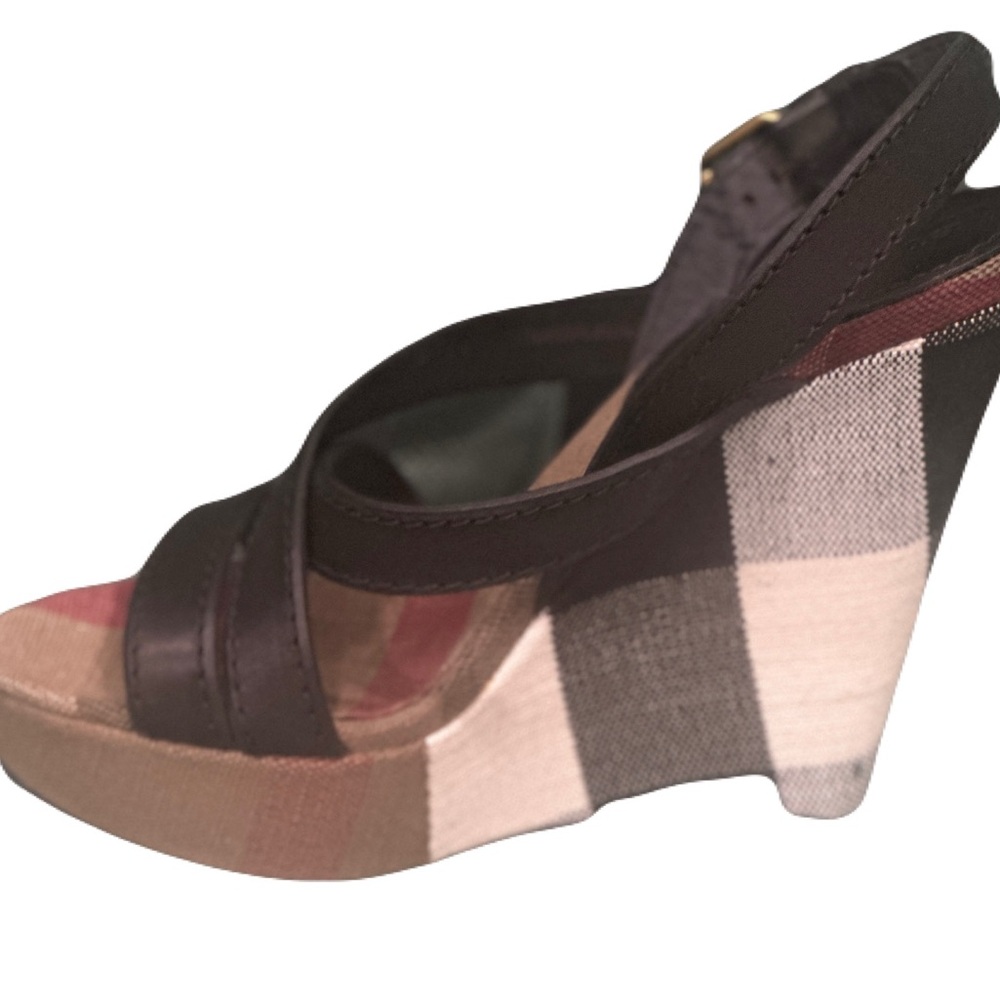 Burberry Black and Plaid Wedge Sandals